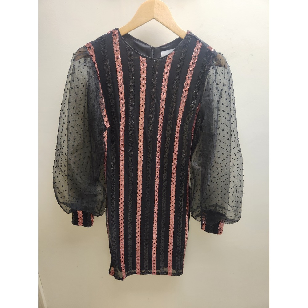 Sonja by Sonja Morgan Sequin Mini Dress Rose Gold Black Mesh‎ Puff Sleeve Small